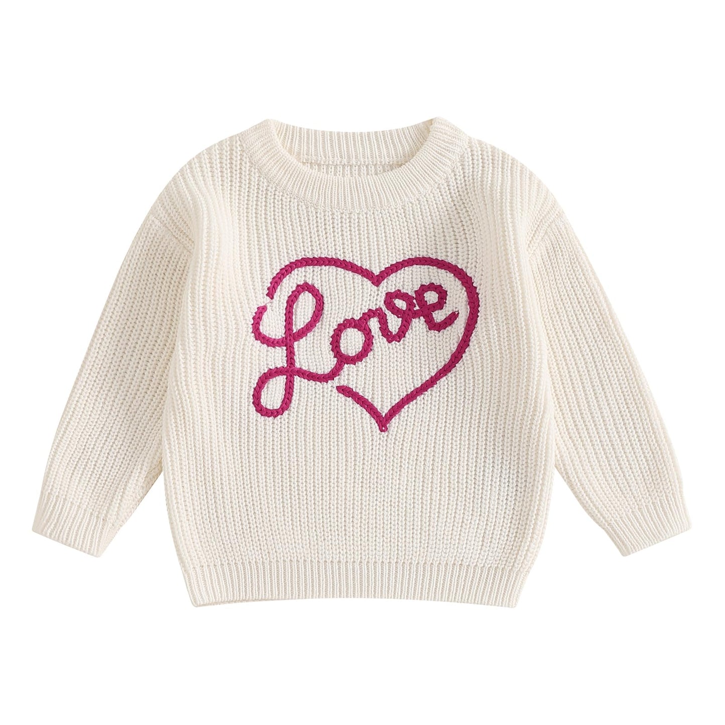 Nokpsedcb Baby Girl Cute Long Sleeve Heart Flowers Embroidery Oversized Sweater Toddler Valentine Outfit (White Love, 9-12 Month