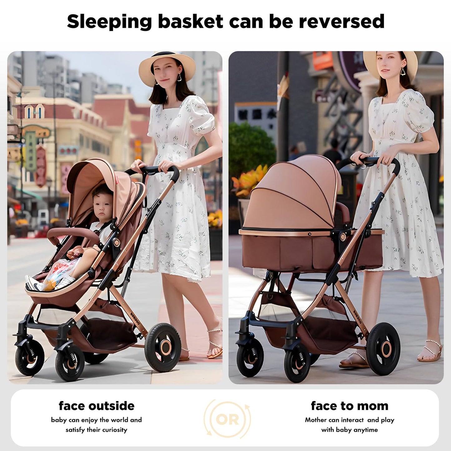 2 In 1 Convertible Baby Stroller Newborn Reversible Bassinet Pram, Foldable Pushchair With Adjustable Canopy Folding High Landsc