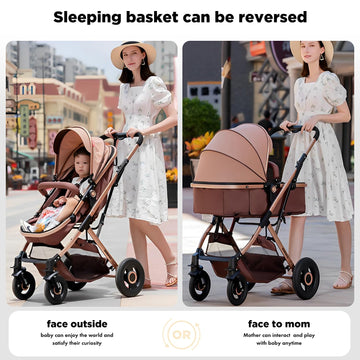 2 In 1 Convertible Baby Stroller Newborn Reversible Bassinet Pram, Foldable Pushchair With Adjustable Canopy Folding High Landsc