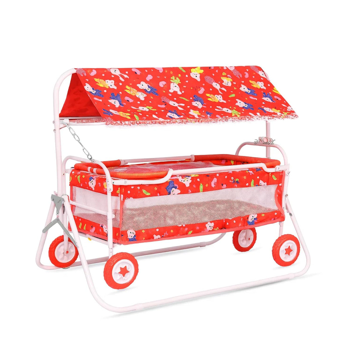 Babygo Baby Cradle With Swing & Mosquito Net | 012 Months | Foldable 2In1 Rocking Cradle Cot With 4 Wheels & Brake | Soft Sle