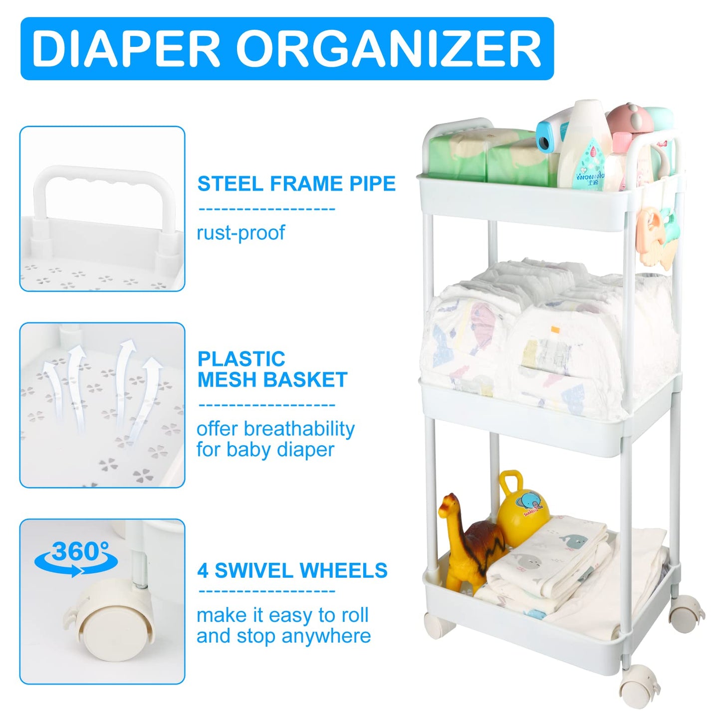Volnamal Diaper Caddy Organizer, 3-Tier Movable Diaper Cart with Wheels, Newborn Essentials Must Haves, Diaper Caddy for Wipes &