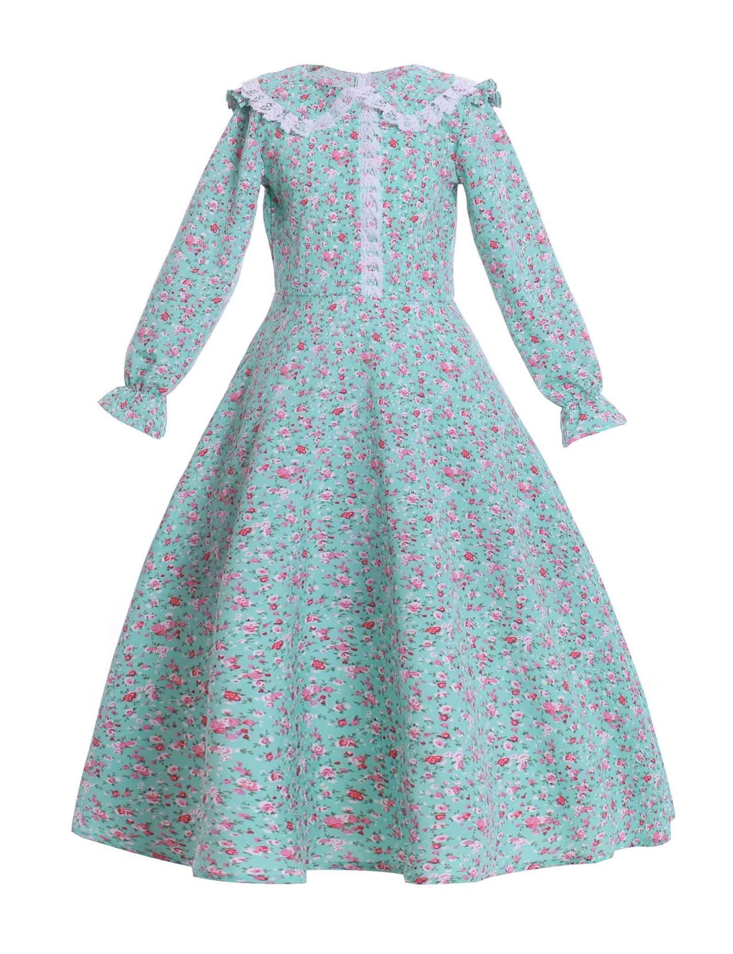 Vibsion Girls Pioneer Prairie Costume Pilgrim Dress Kids Floral Colonial Village Girl Costumes Bonnet Apron Set Green