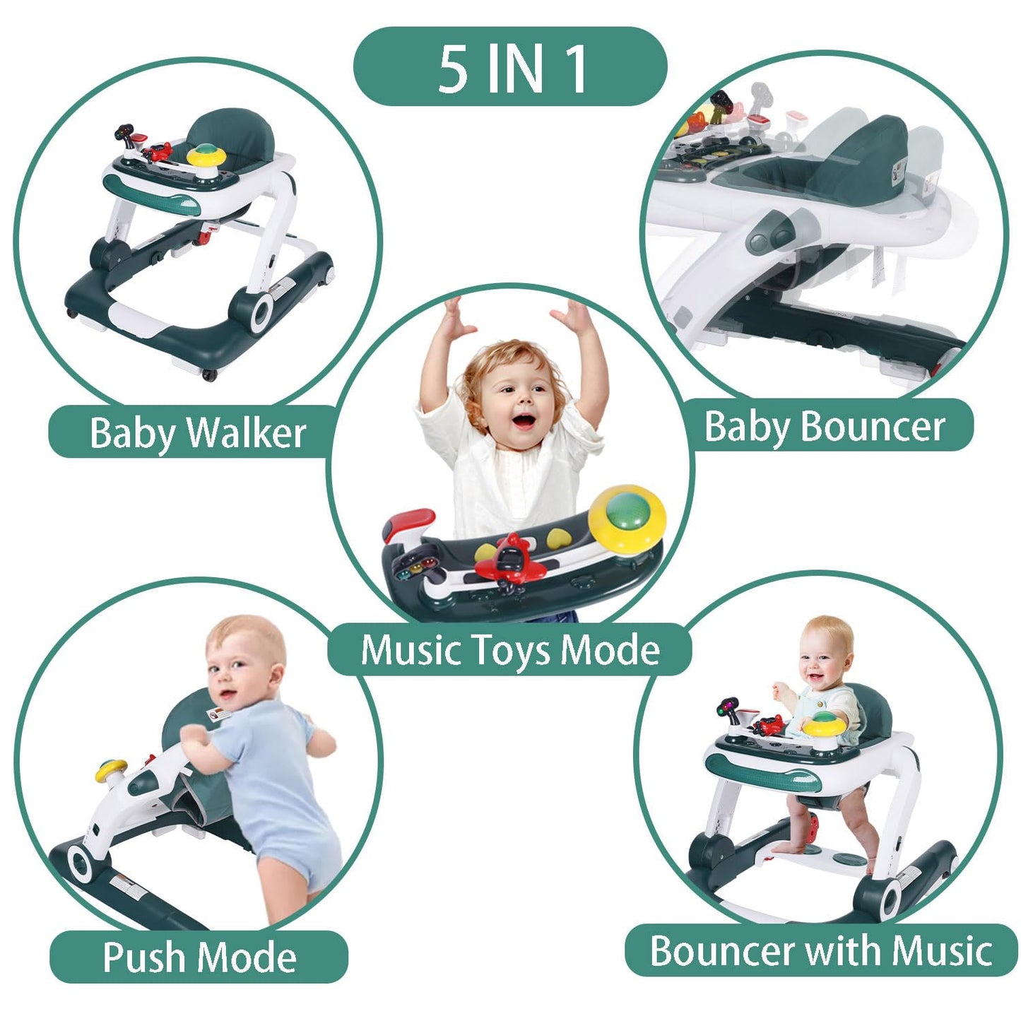 Kinder King Baby Walker With Music & Lights, 5 In 1 Baby Bouncer Activity Walker, Adjustable Height & Seat, Learning-Seated & To