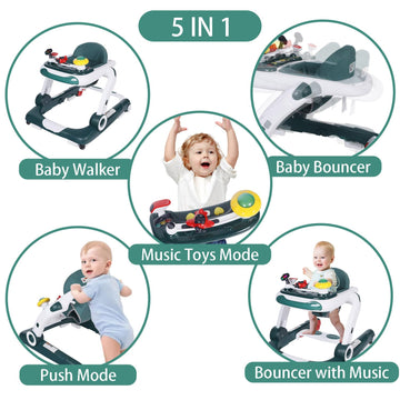 Kinder King Baby Walker With Music & Lights, 5 In 1 Baby Bouncer Activity Walker, Adjustable Height & Seat, Learning-Seated & To