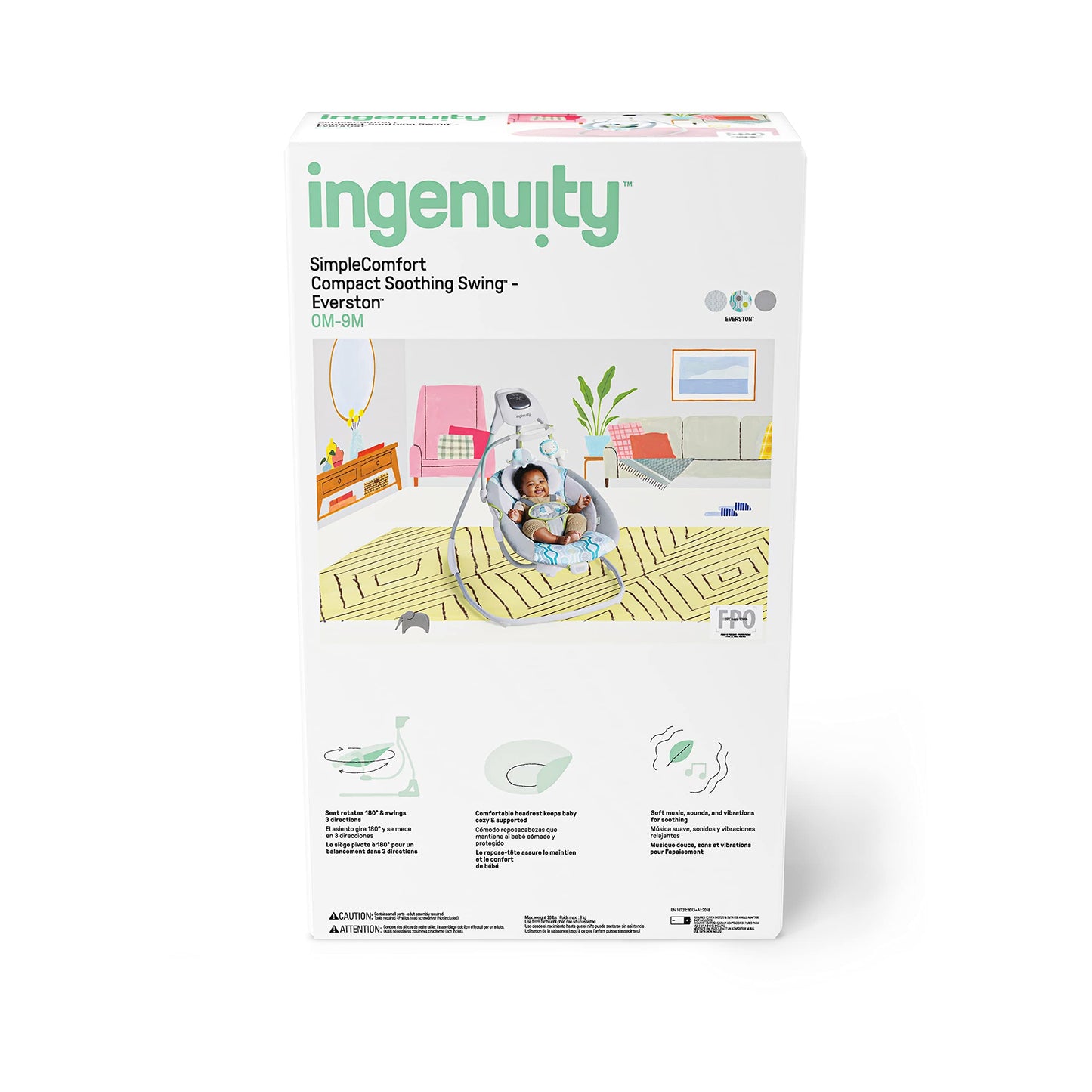 Ingenuity Simplecomfort Lightweight Multi-Direction Compact Baby Swing, 6 Speeds, Nature Sounds & Vibrations - Everston