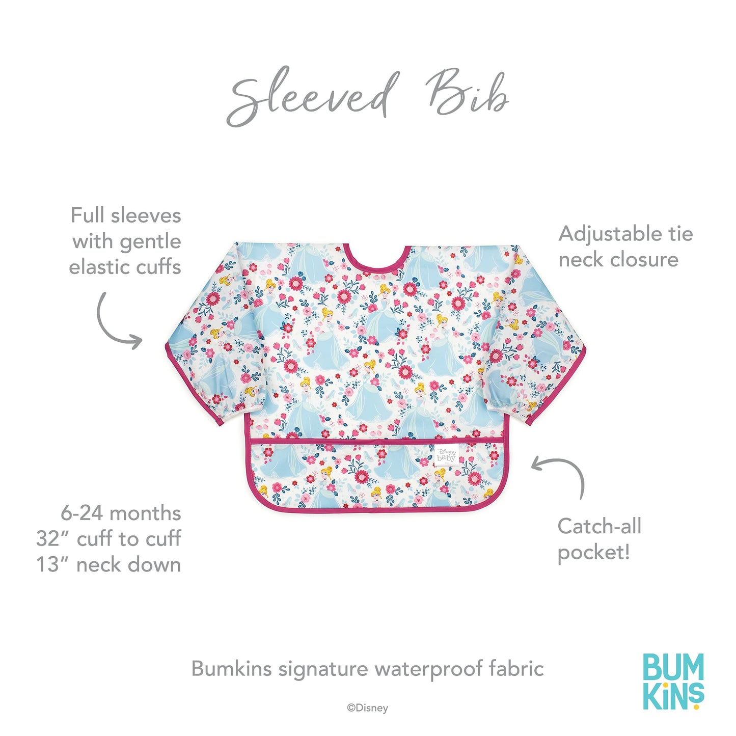 Bumkins Sleeved Baby Toddler Bib, Smock, Waterproof Fabric, Fits Ages 6-24 Months, Disney Cinderella, 1 Count (Pack Of 1)