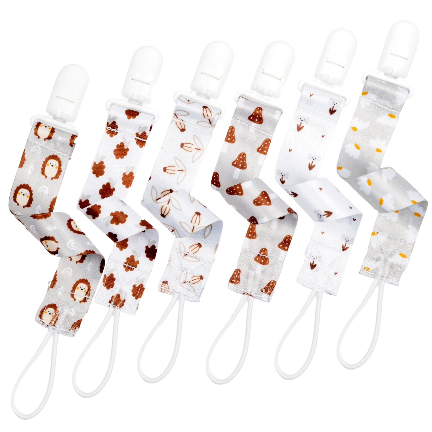 Bunnybee Neutral Pacifier Clip Set, 6 Pack Pacifier Holder Clip For Boys And Girls, Mushroom Hedgehog Floral Baby Binky Teethers