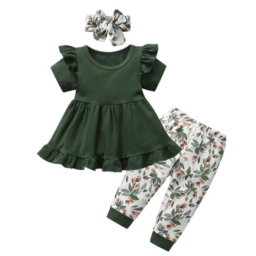 Kulcerry Toddler Baby Girl Clothes Solid Color Short Sleeve Ruffle Tops Floral Pants Headband Outfits Set (3-4T, Green