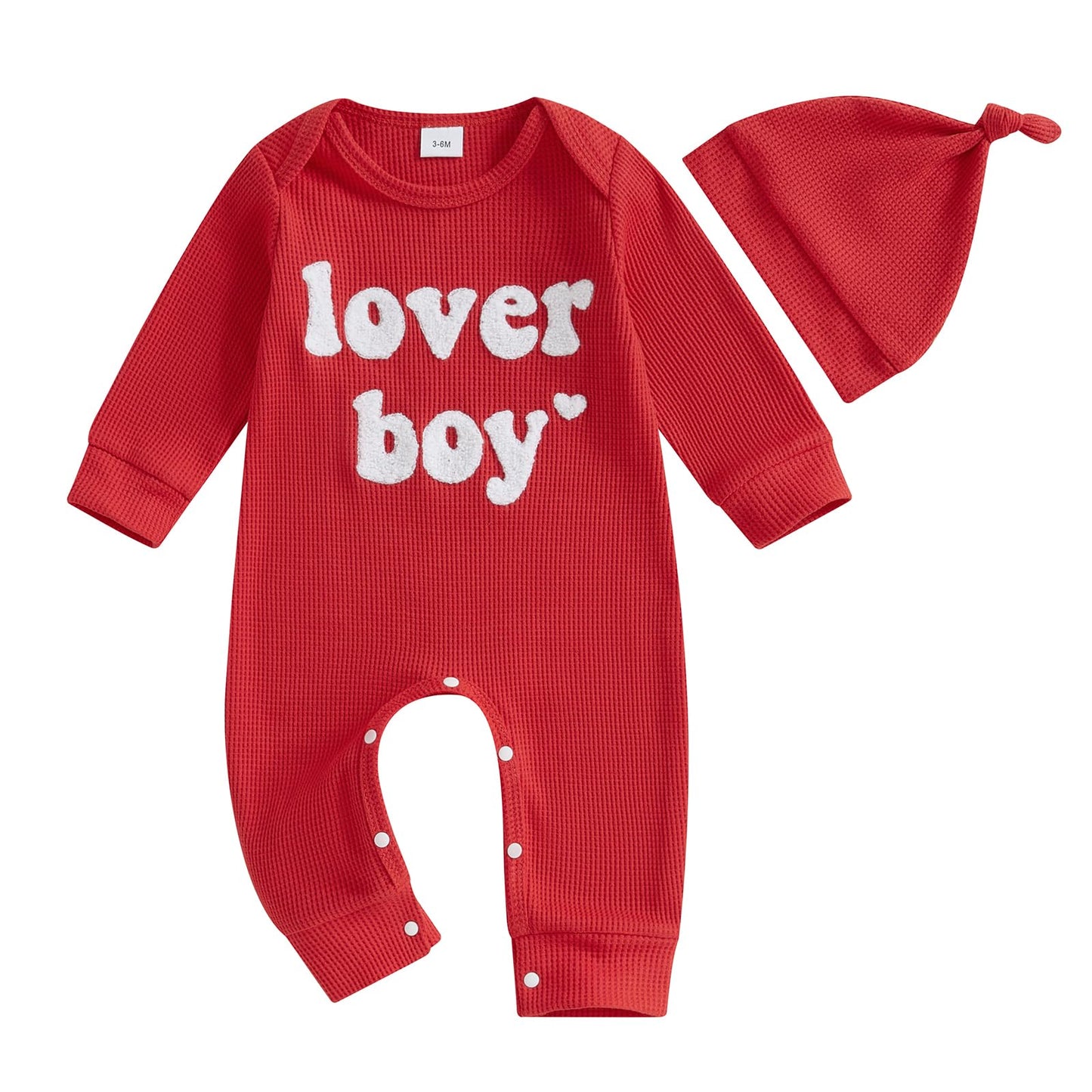 Lesimsam Newborn Infant Baby Boy Valentines Day Outfit Letter Embroidery Long Sleeve Waffle Knit Romper Jumpsuit With Hat(Red, 0