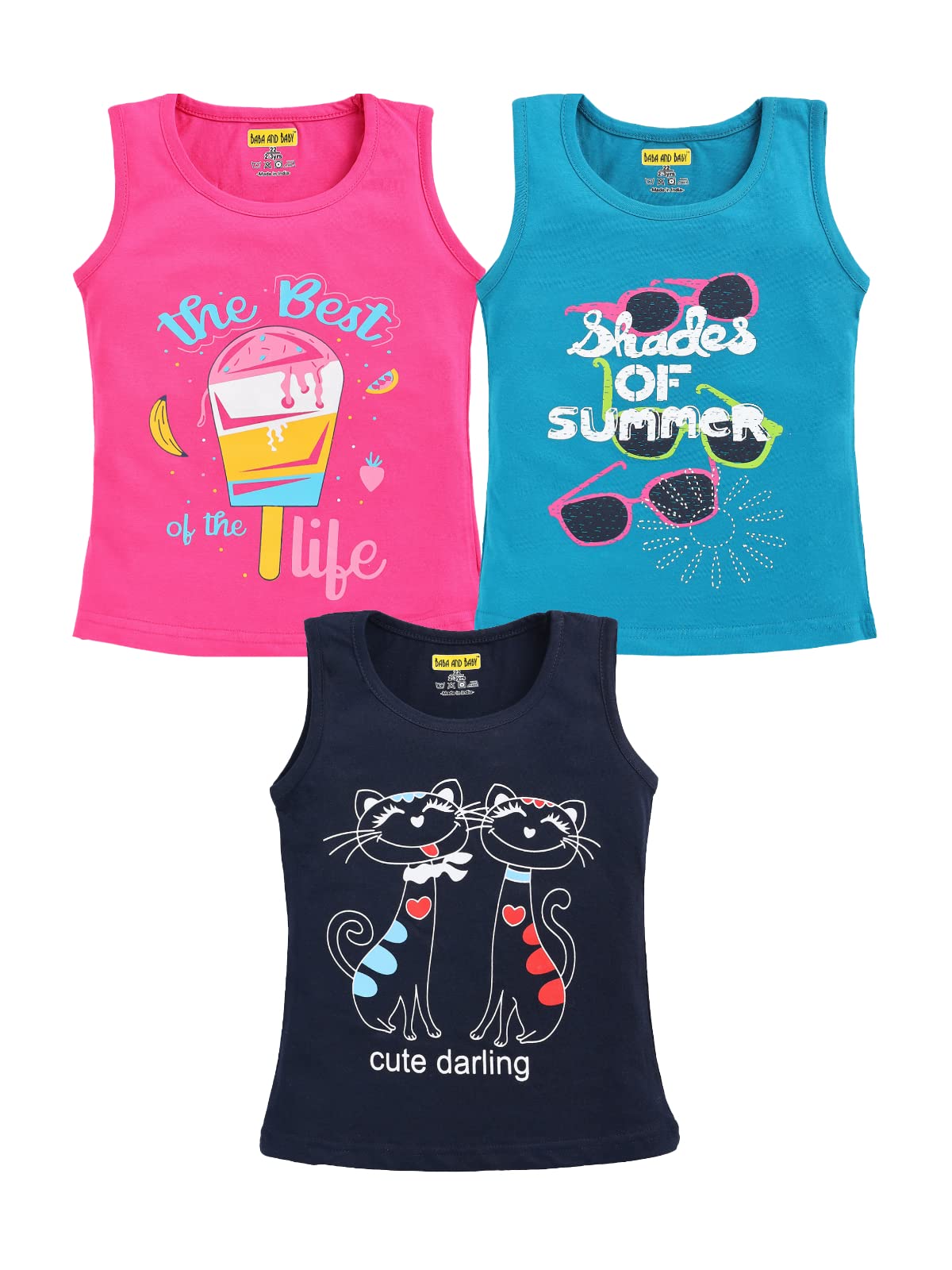 BABA AND BABY Kids Top Cotton Printed Sleeveless Tshirt for Girls Pack of 3 (23 Years, Pack of 3A)