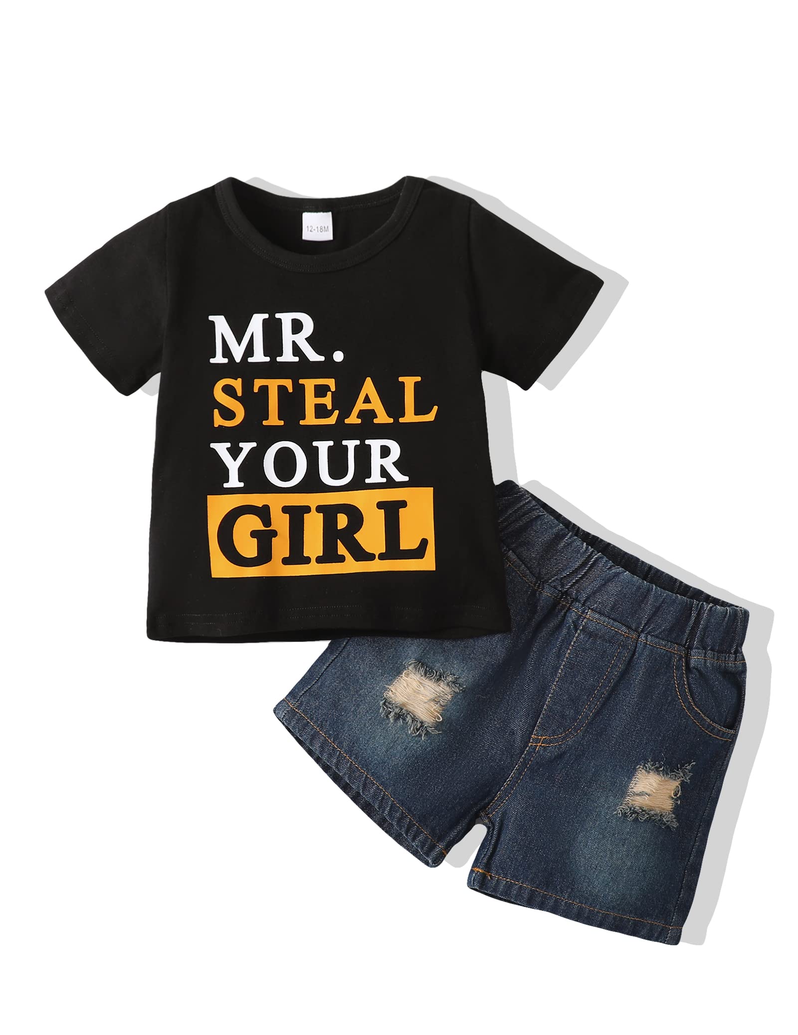 Nzrvaws 2-3T Boy Clothes Toddler Boy Summer Outfit Short Sleeve Letter Print T-Shirt+ Ripped Denim Jeans Shorts Set Infant Boy C