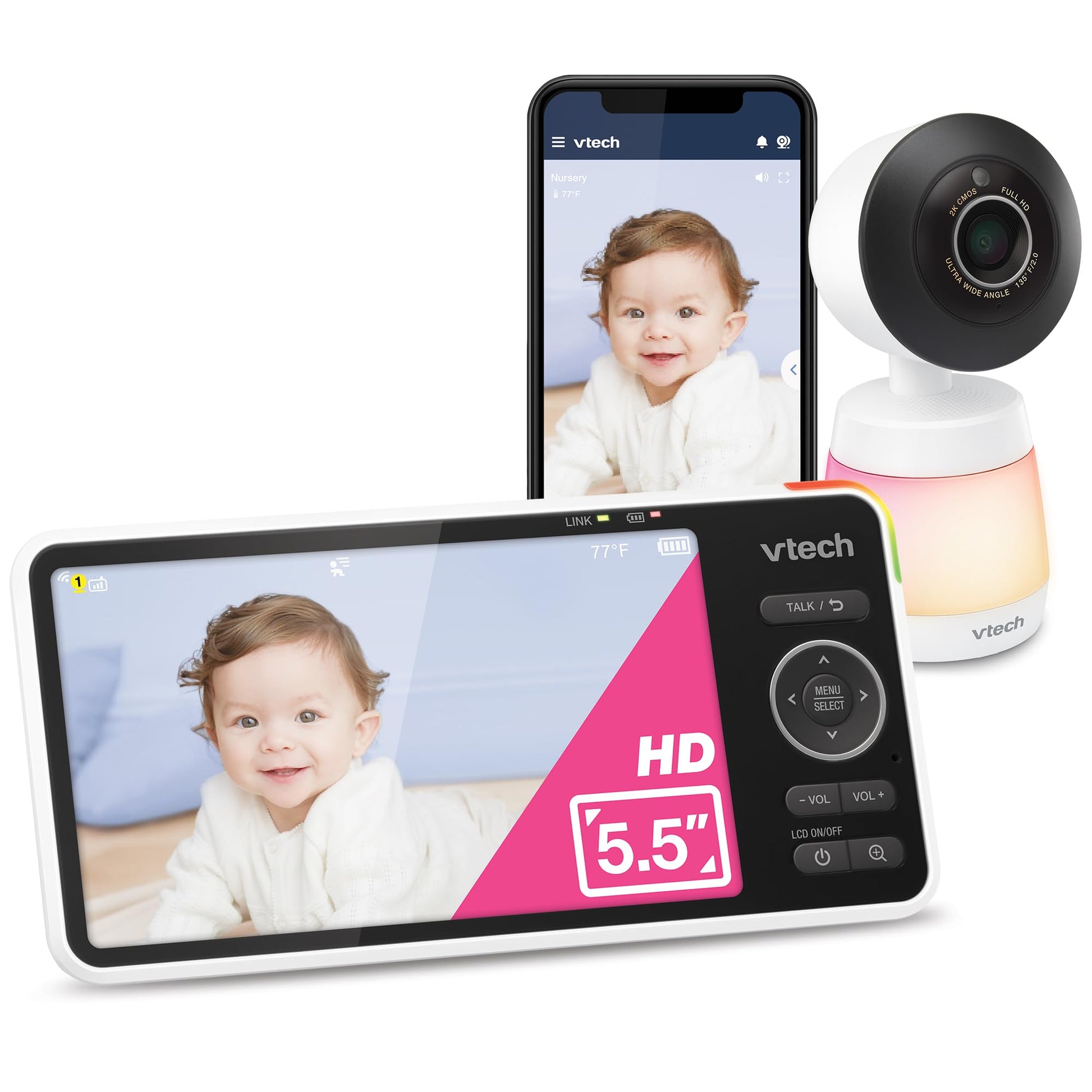 Vtech Smart Wifi Baby Monitor, 2K Camera, 5.5-Inch Hd Ips Screen, Crystal Clear Infrared Night Vision, Pan-Tilt, 24X Zoom, 2-Way