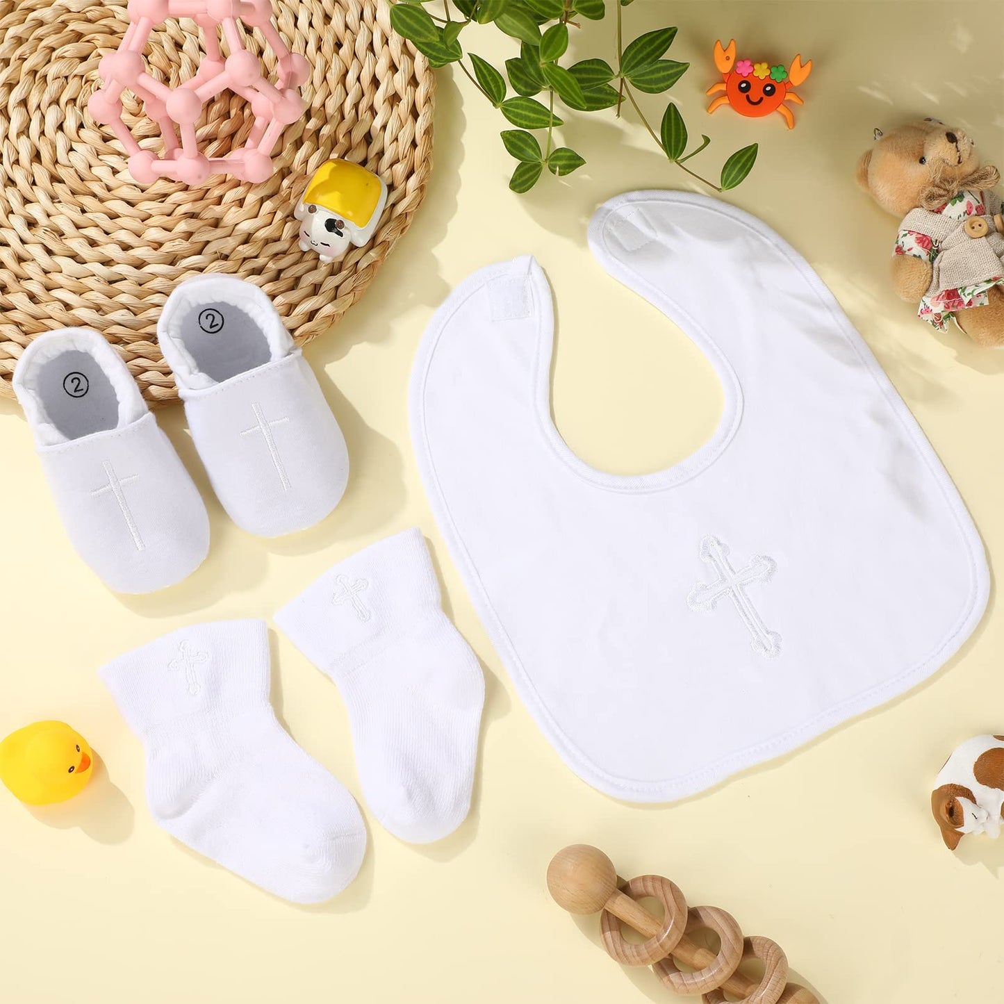 Hicarer 5 Pcs Baptism Gifts For Boys Girls Including White Embroidered Cross Bib Christening Shoes And Socks For Baby Infant Tod