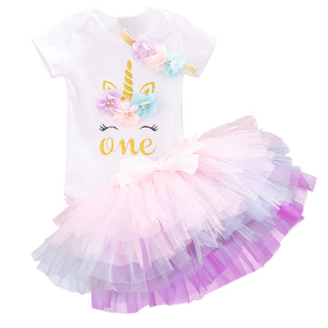 Nnjxd Baby Girls 1St Birthday Unicorn Outfits Set Rainbow Tutu Skirt+ Unicorn T-Shirt+ Flower Headband(1 Years, #12 (Pink) 1 Yea