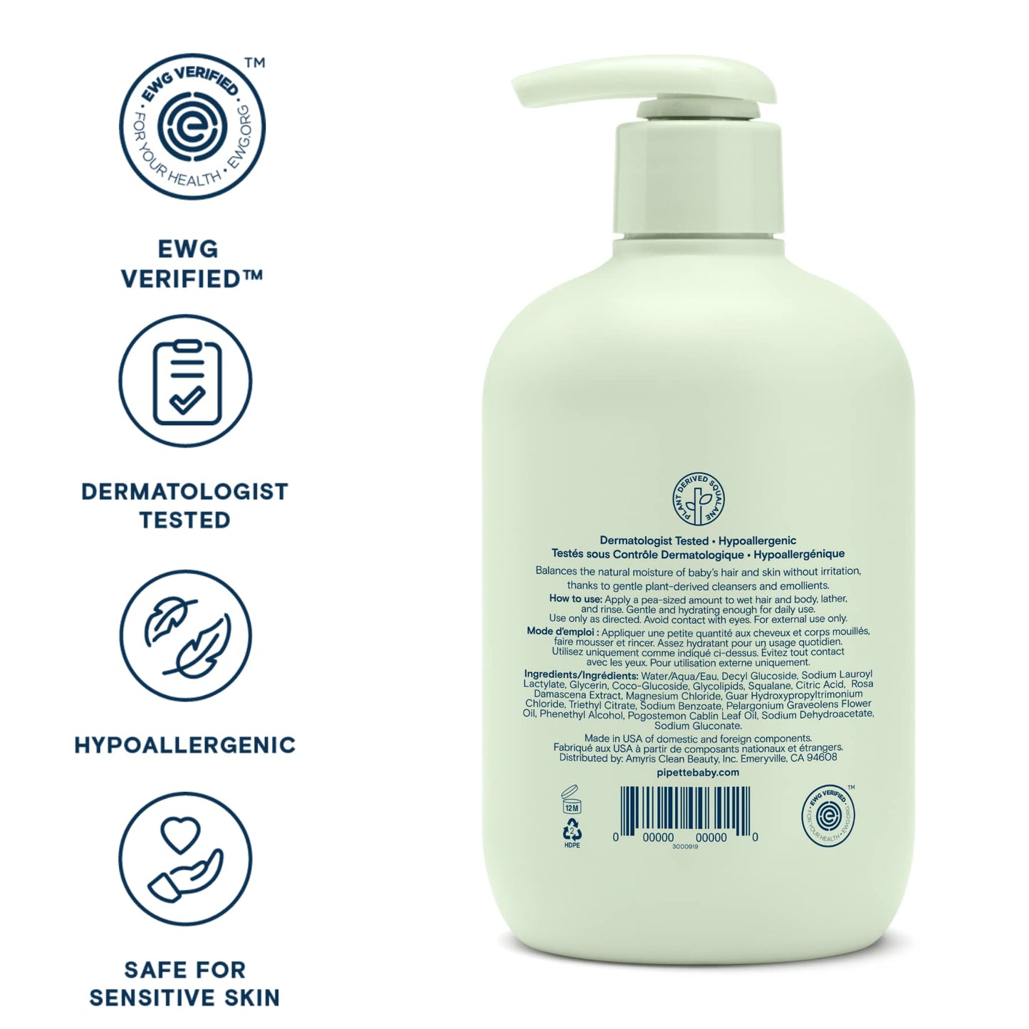 Pipette Baby Shampoo And Body Wash - Fragrance Free, Tear-Free Bath Time, Hypoallergenic, Moisturizing Plant-Derived Squalane, N