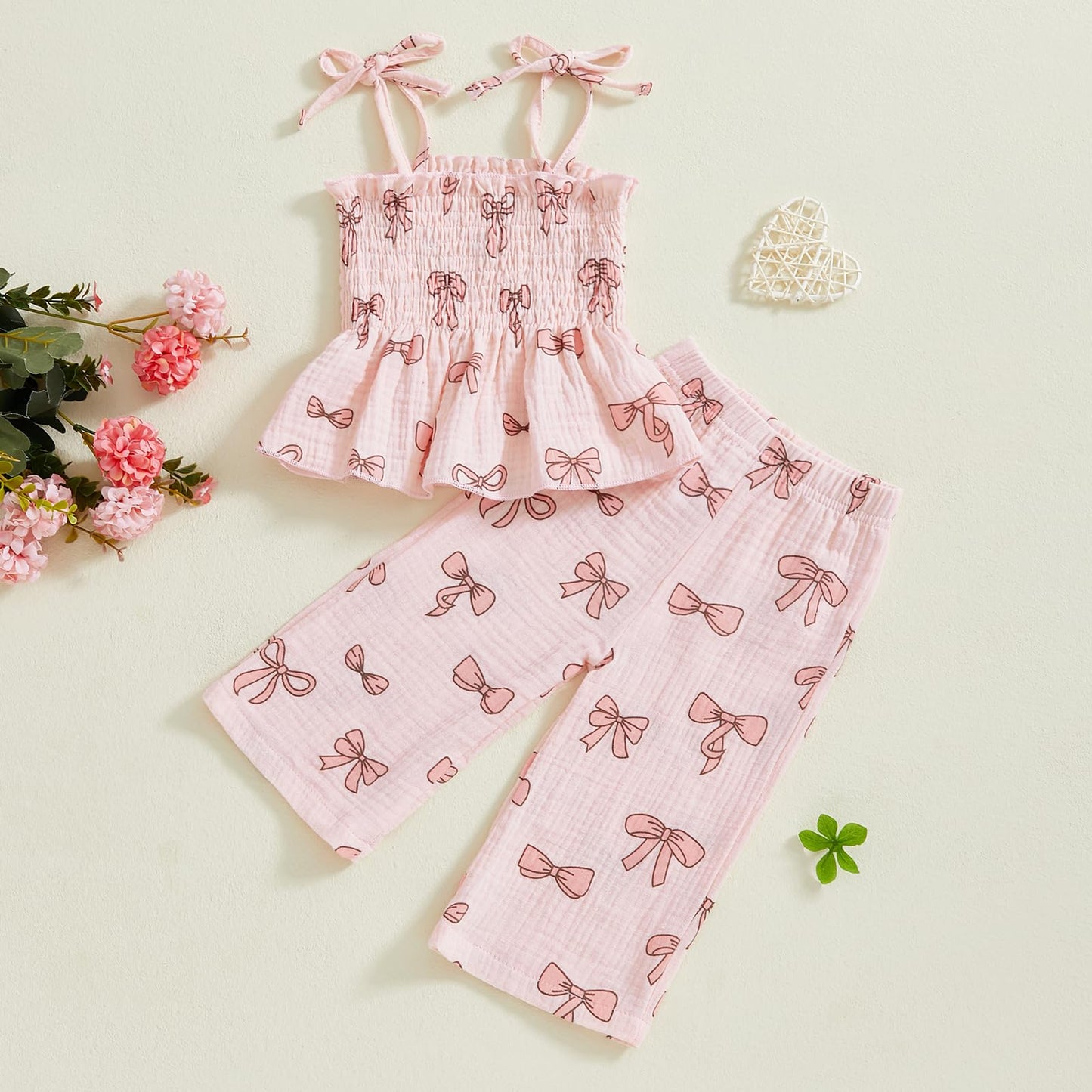 Visgogo Valentines Day Baby Girl Outfits Sleeveless Smocked Strap Camisole Linen Pants Heart/Bow Baby Summe Clothes (Pink-Bow, 1