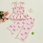 Visgogo Valentines Day Baby Girl Outfits Sleeveless Smocked Strap Camisole Linen Pants Heart/Bow Baby Summe Clothes (Pink-Bow, 4