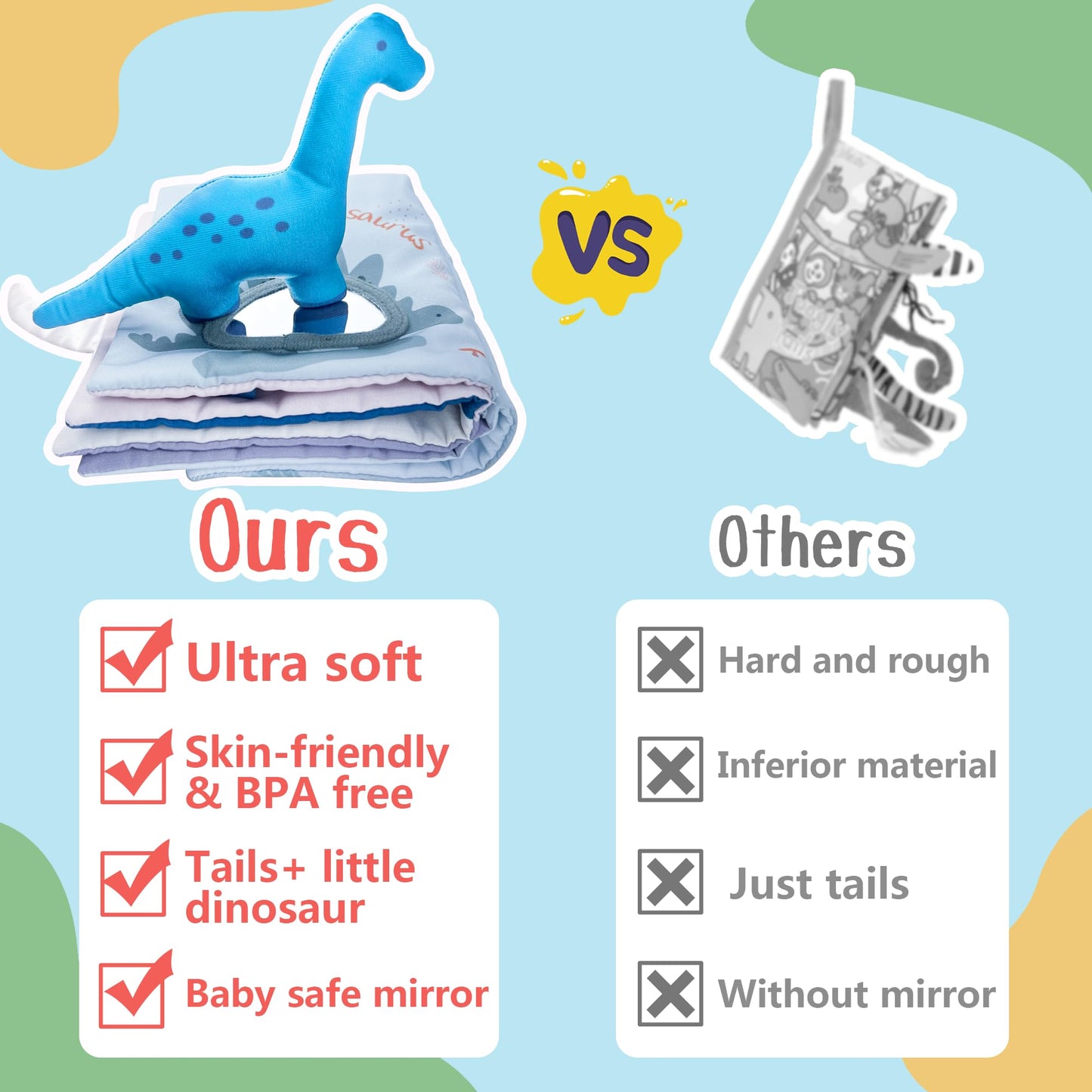Richgv Baby Books Toys 0-6-12 Months, Baby Boy Girl Gifts Toys 0-6-12 Touch and Feel 3D Books with Dino Doll, Newborn Infant Car