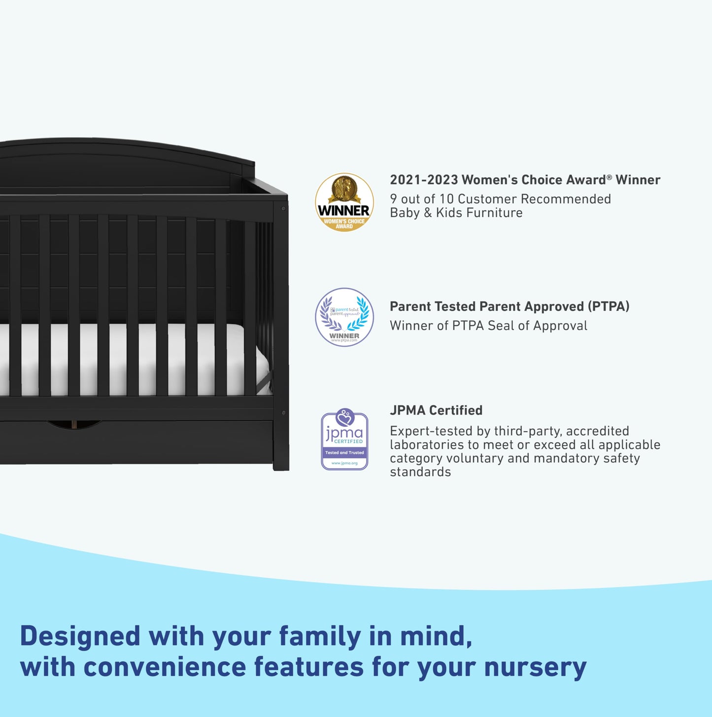 Graco Bellwood 5-In-1 Convertible Crib With Drawer (Black) - Greenguard Gold Certified, Full-Size Storage Drawer, Converts To To