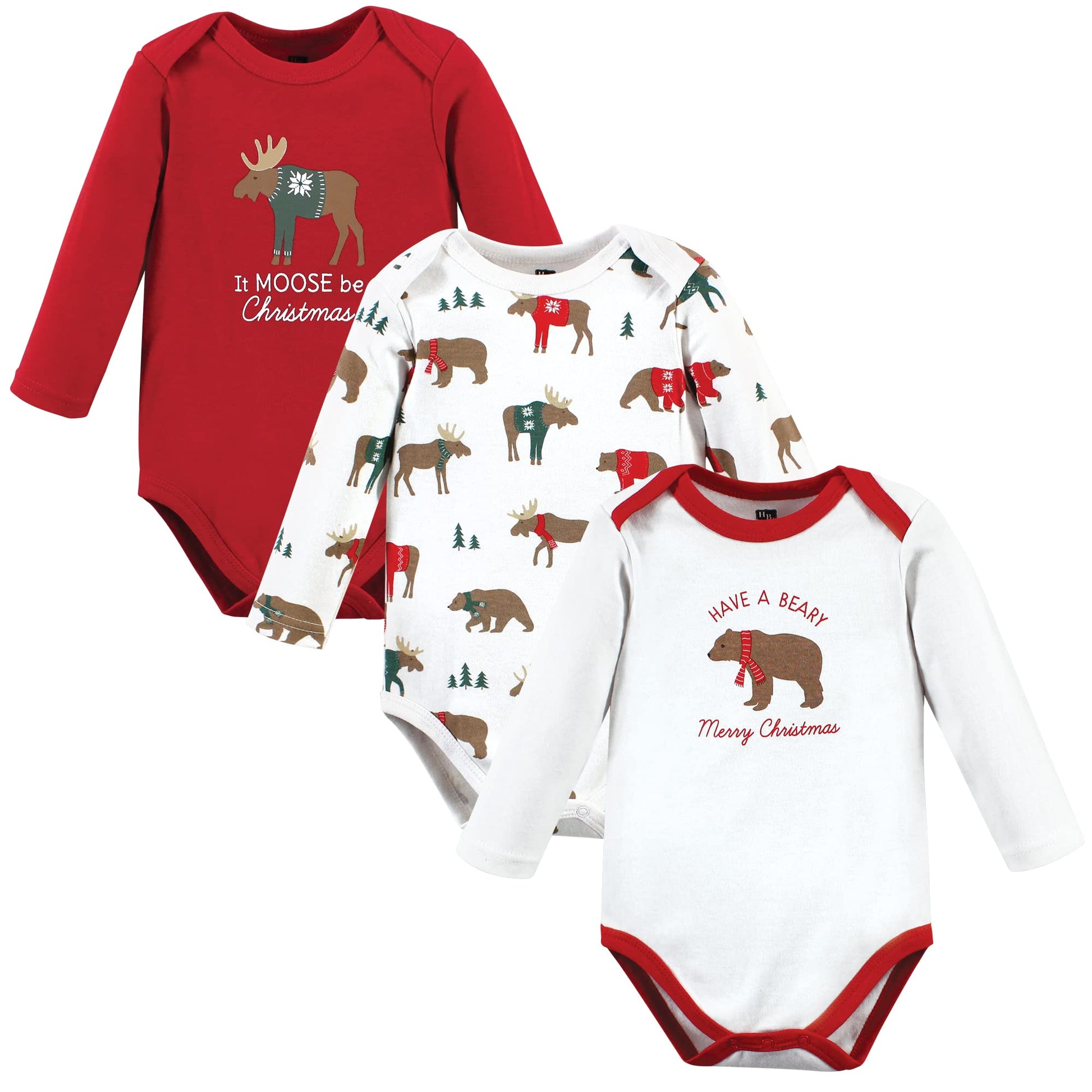 Hudson Baby Unisex Baby Cotton Long-Sleeve Bodysuits, Moose Be Christmas, 9-12 Months