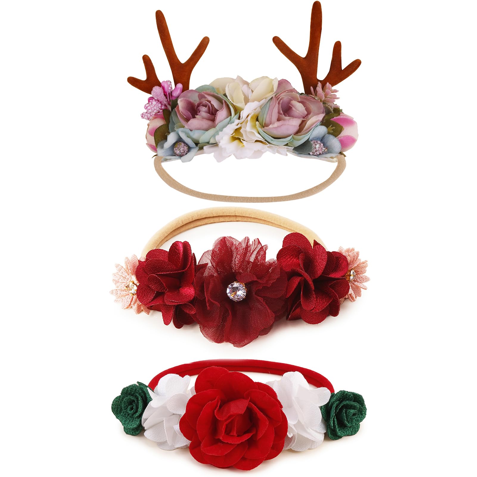 BFNAAgirl Baby Girl Floral Headband Nylon Flower Crown Elastic Hairband 3pcs Hair Accessories Gift for Girls (shengdan-2)