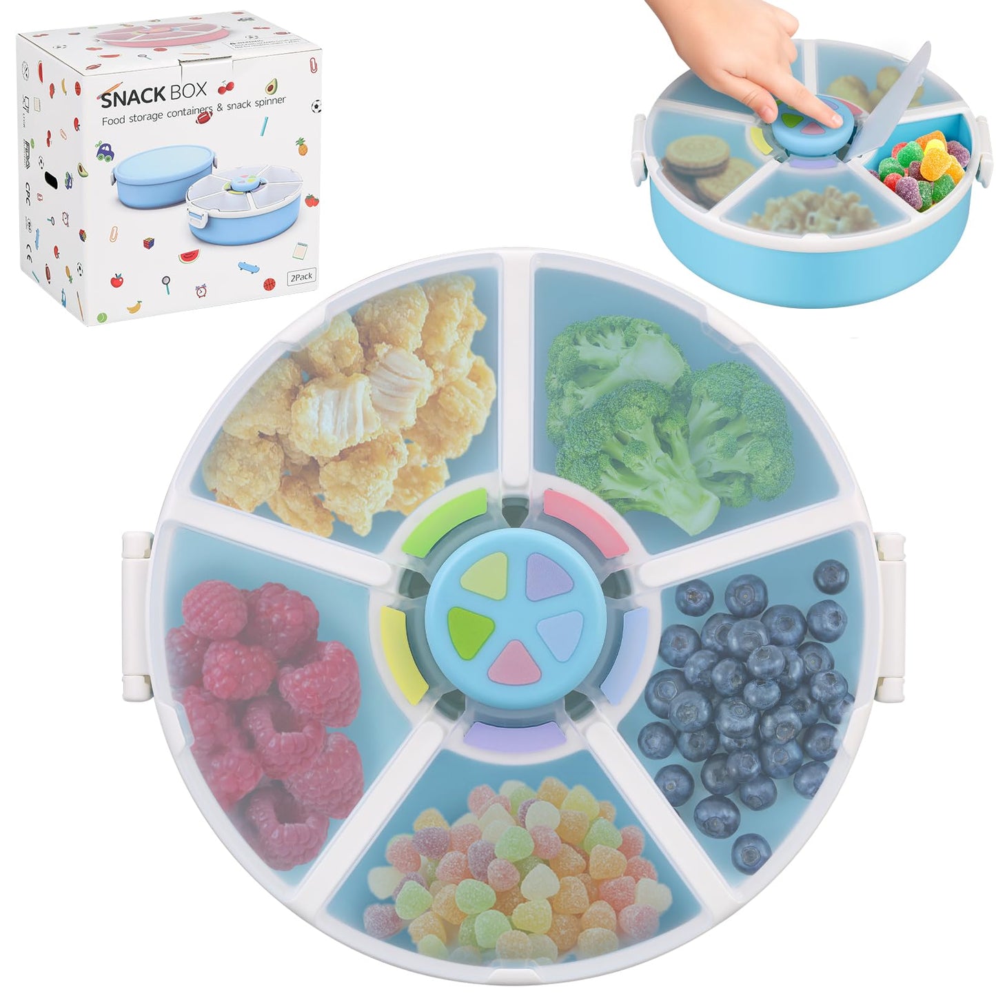 Aimsnk Kids Original Snack Spinner Bundle - Reusable Snack Container with 5 Compartment Dispenser and Lid | BPA and PVC Free | D