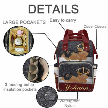 M Yescustom Personalized Baby Diaper Bag, Vintage Custom Red Crown Prince Diaper Bag With Name, Waterproof Diaper Bag Backpack M