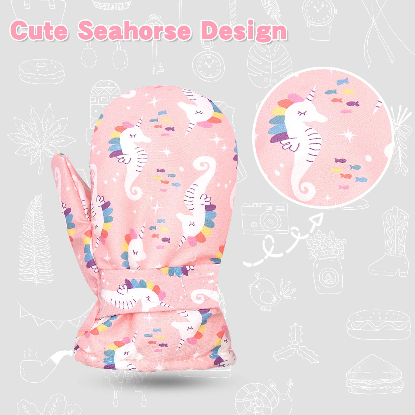 Bavst Toddler Waterproof Mittens Fleece Lined Baby Boys Girls Winter Warm Glove Kids Snow Infant Ski Mitten For 3M-5T (Pink Seah