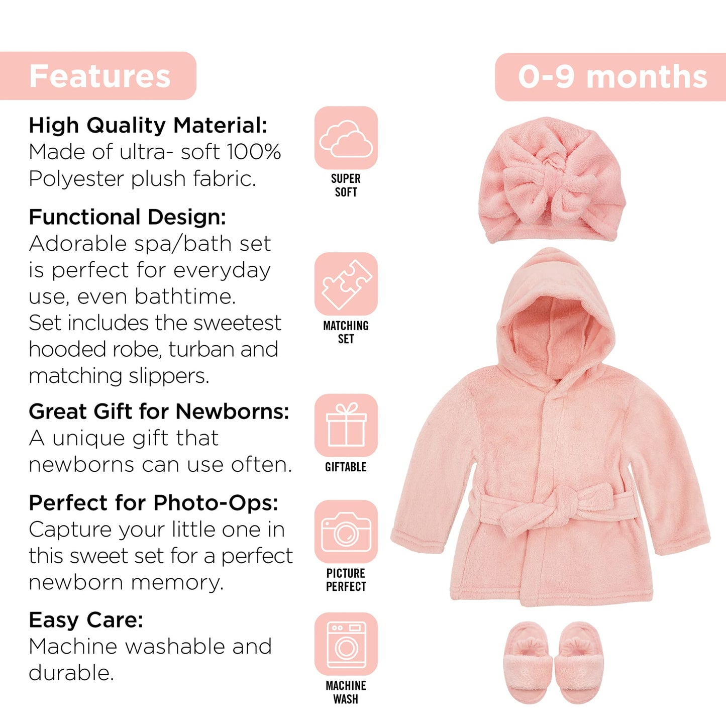 Rising Star Pink Bathrobe Spa Set, Robe, Slippers & Cap - Newborn Baby Girls