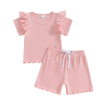 Kupretty Toddlers Baby Girls Summer Clothes Set Ruffle Ribbed Knit Short Sleeves T-Shirt Tops Shorts Comfy Outfits (A Pink, 3-4