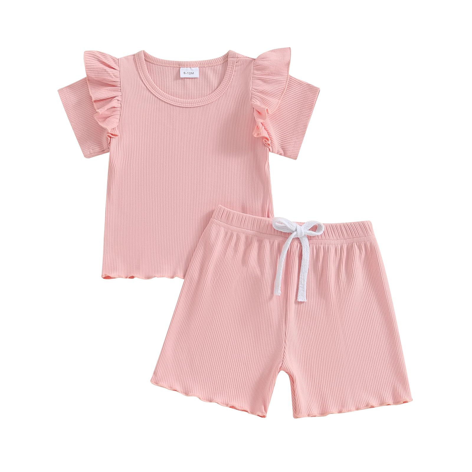 Kupretty Toddlers Baby Girls Summer Clothes Set Ruffle Ribbed Knit Short Sleeves T-Shirt Tops Shorts Comfy Outfits (A Pink, 6-12