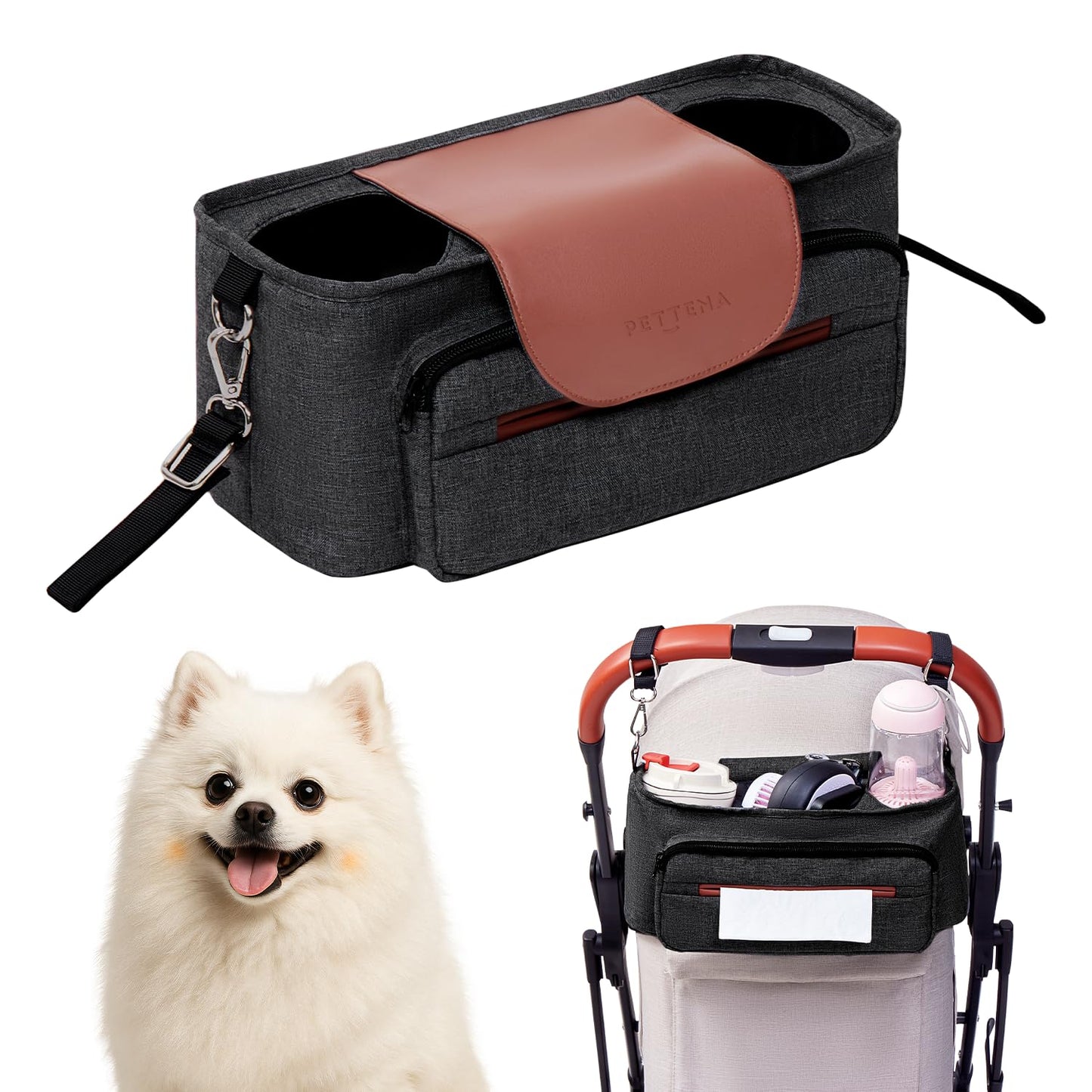 PETTENA Dog Stroller Organizer with 2 Cup Holders, Treat Pocket, Non-Slip Straps, Dog Stroller Accessories, Storage Bag for Pet 