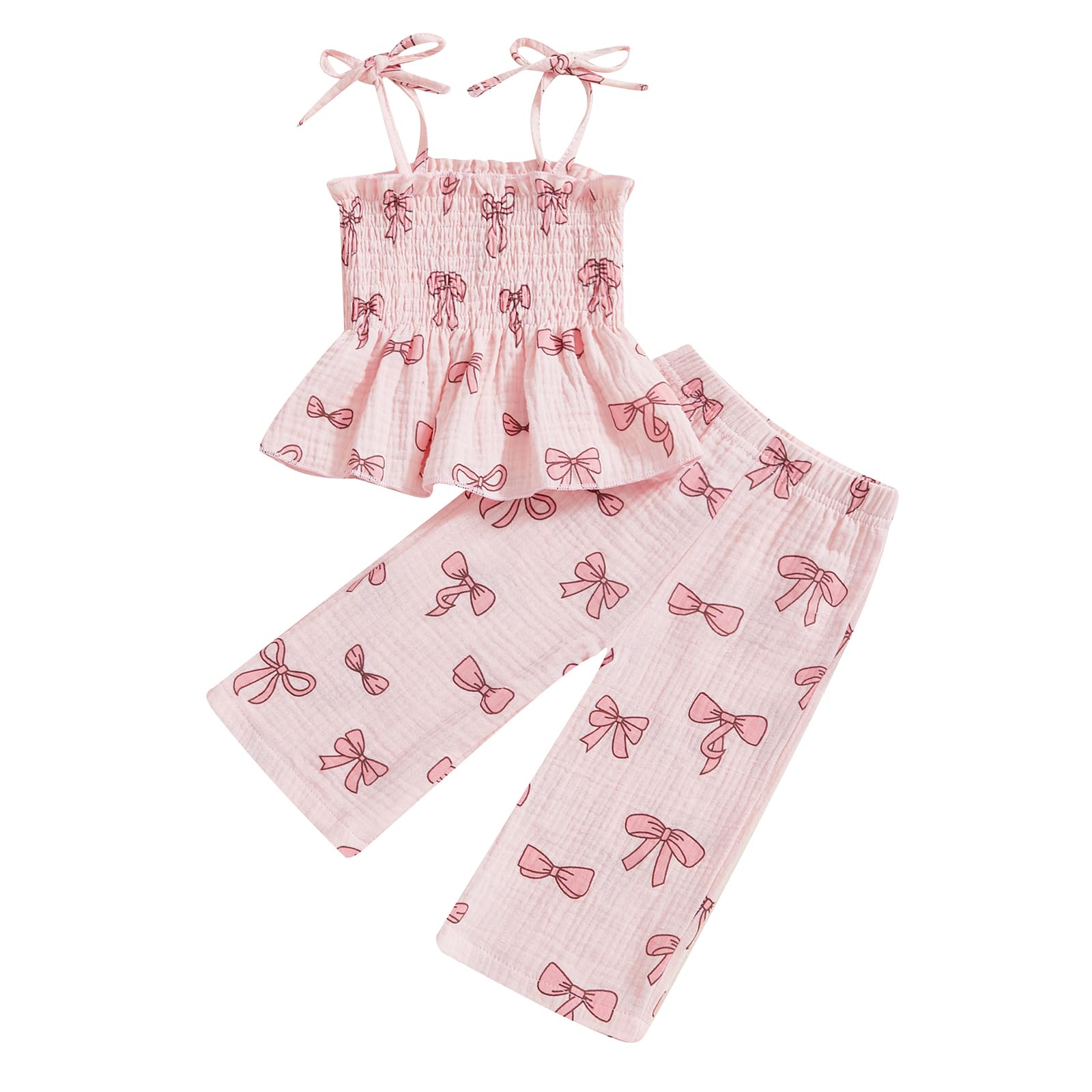 Visgogo Valentines Day Baby Girl Outfits Sleeveless Smocked Strap Camisole Linen Pants Heart/Bow Baby Summe Clothes (Pink-Bow, 1