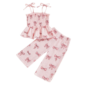 Visgogo Valentines Day Baby Girl Outfits Sleeveless Smocked Strap Camisole Linen Pants Heart/Bow Baby Summe Clothes (Pink-Bow, 4