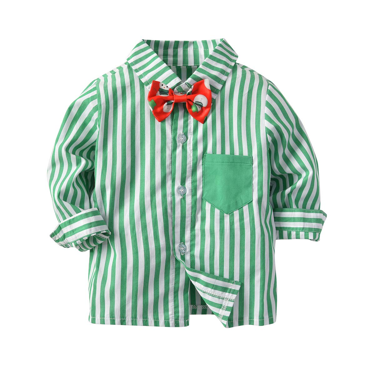 Mhsh Baby Boy Christmas Outfit Green Stripe Shirt With Bowtie And Pants Outfits, Newborn 3Pcs Pants And Top Sets(Green Stripe, 8