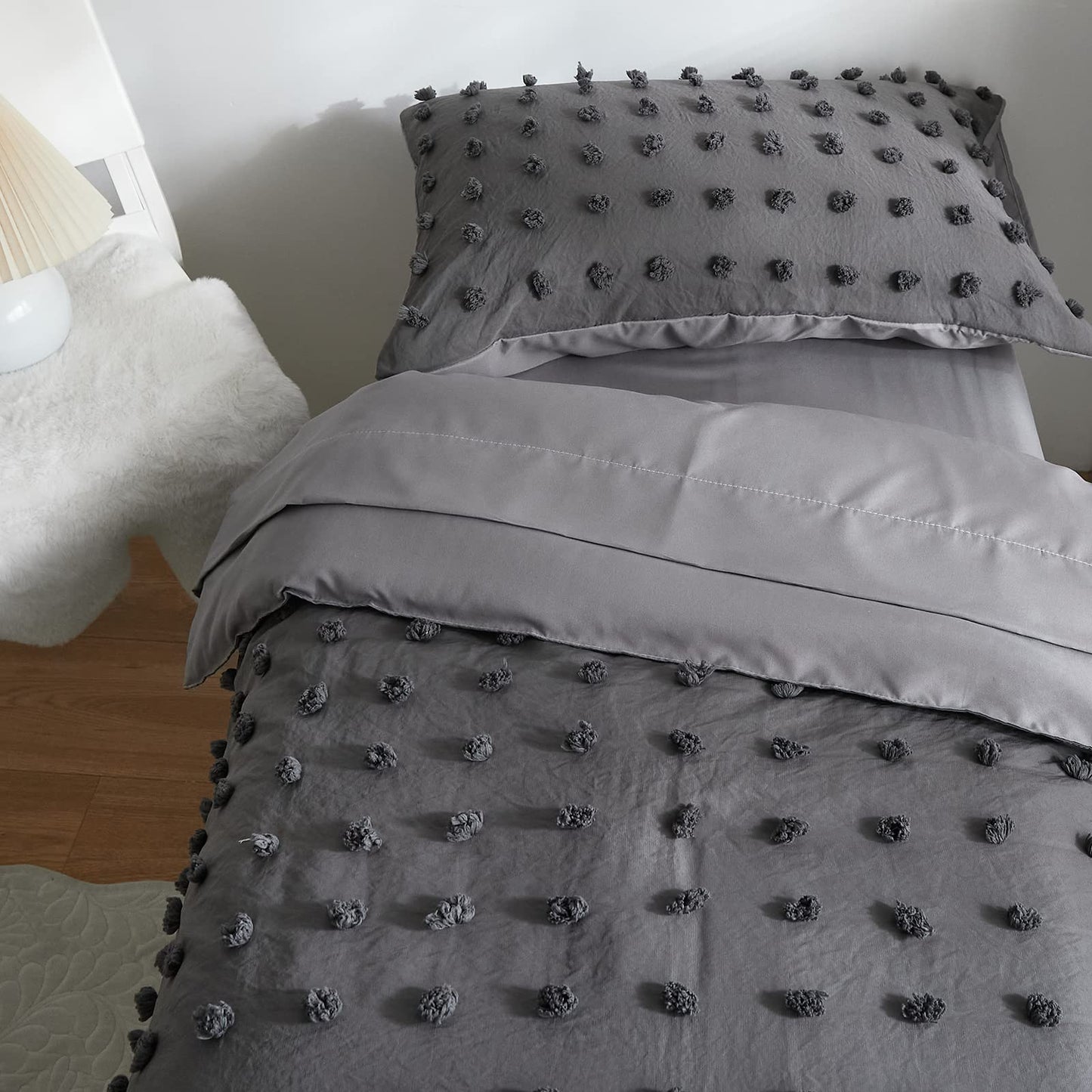 4 Pieces Tufted Dots Toddler Bedding Set Solid Grey Jacquard Pom Pom Tufts, Soft And Embroidery Shabby Chic Boho Design For Baby