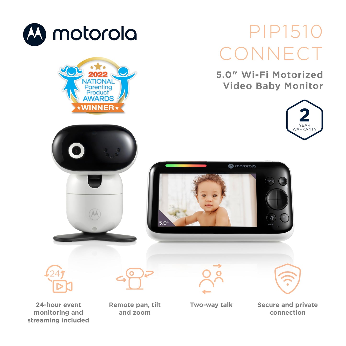 Motorola Nursery Pip1510 Connect Baby Monitor Camera, 5', Wifi, Wall Mount, Hd 1080P, 1000Ft Range, 2-Way Audio, Pan/Tilt/Zoom,