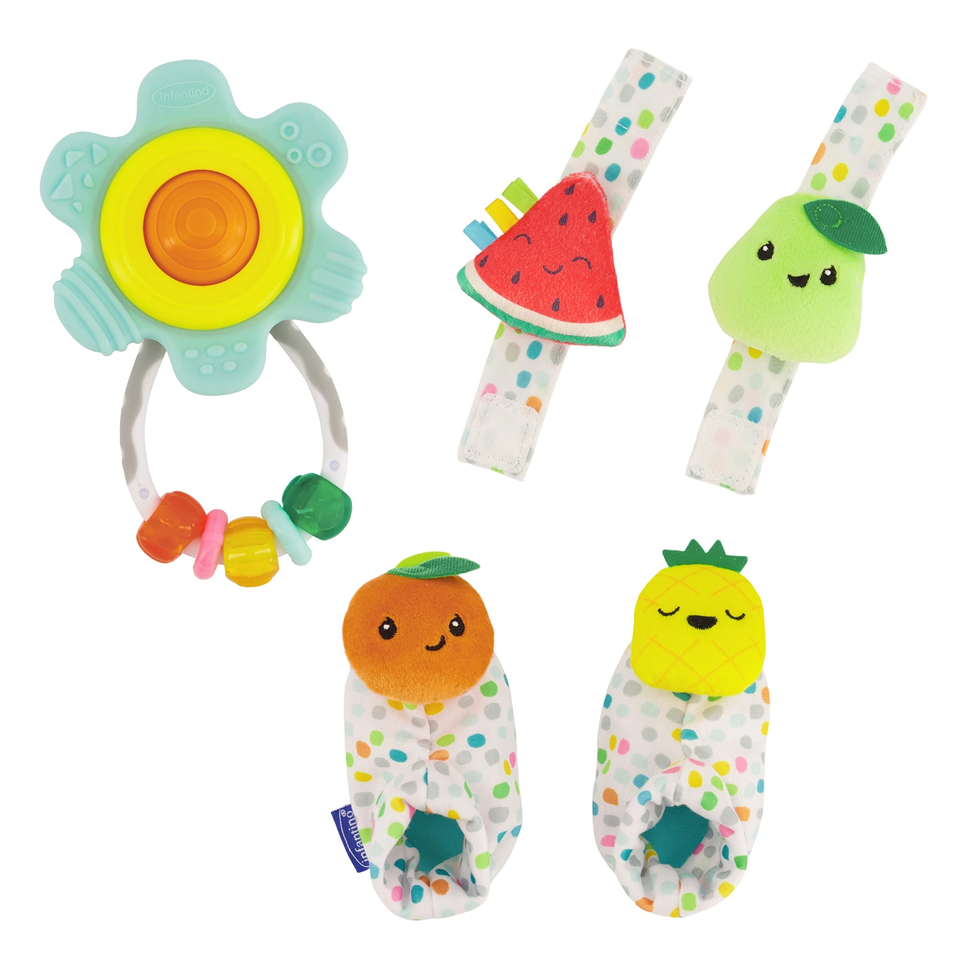 Infantino Babys 1st Rattle Bundle Gift Set, Wrist Rattles, Foot Rattles, Spin & Teethe Gummy Rattle, Multicolor Fruit-Themed, 3