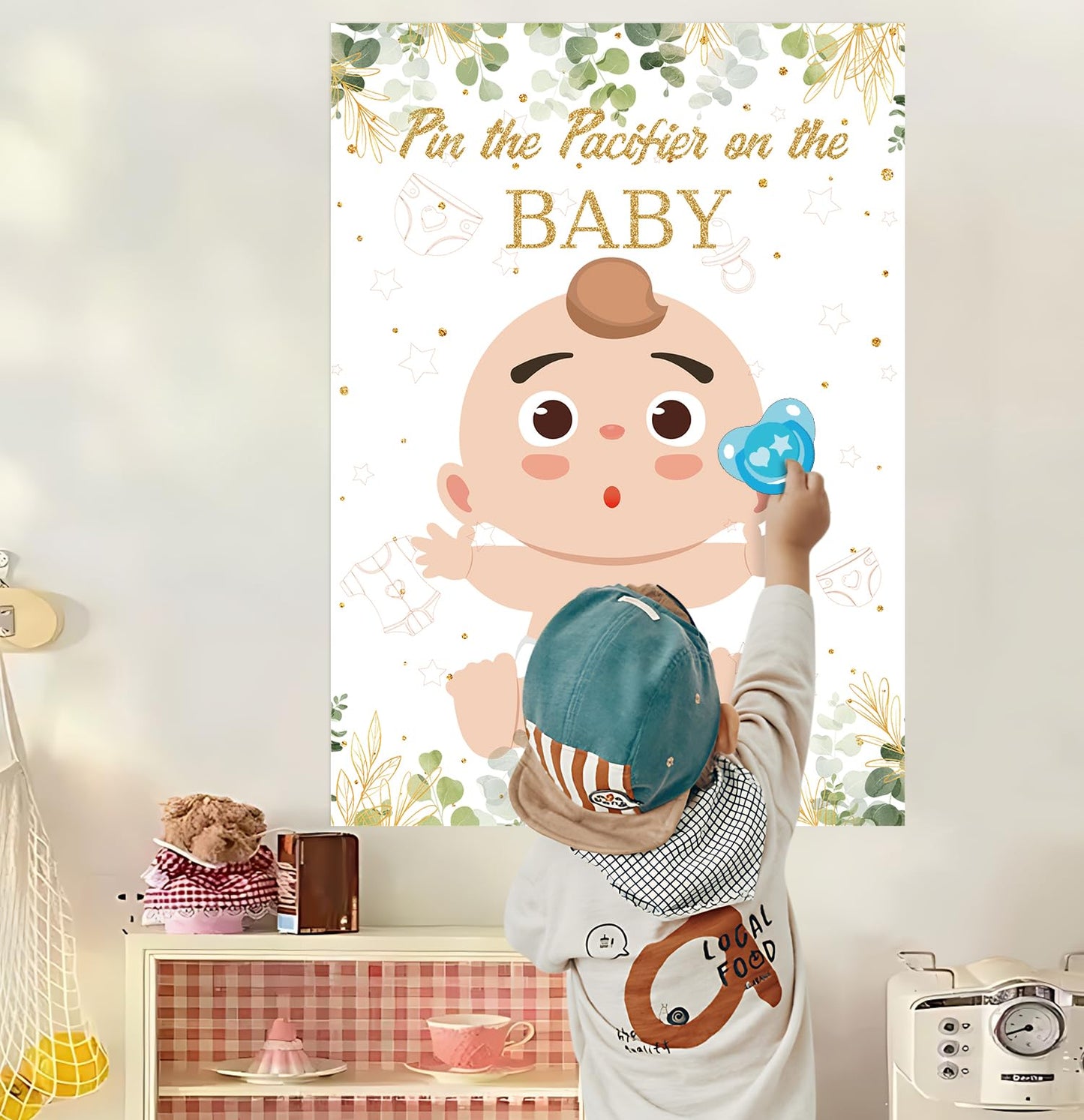 Sietdeseo Pin The Pacifier On The Baby Game - 48 Pcs Stickers, Large Eucalyptus Poster For Kids Birthday, Baby Shower Party Supp