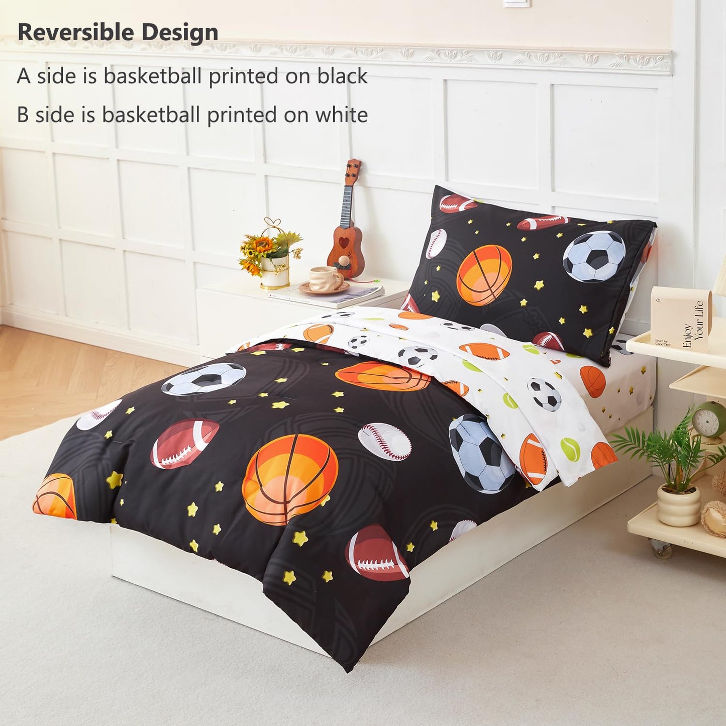 Perfemet Sports Theme Toddler Boys Bedding Set 4 Pieces Basketball Football Printed Toddler Comforter Set Reversible Design Ball