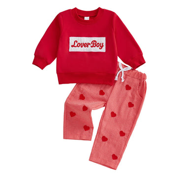 Amnnchya Toddler Baby Boy Valentines Outfit Lover Long Sleeve Sweatshirt Pullover And Heart Plaid Pants Girls Clothes Set (Red, 