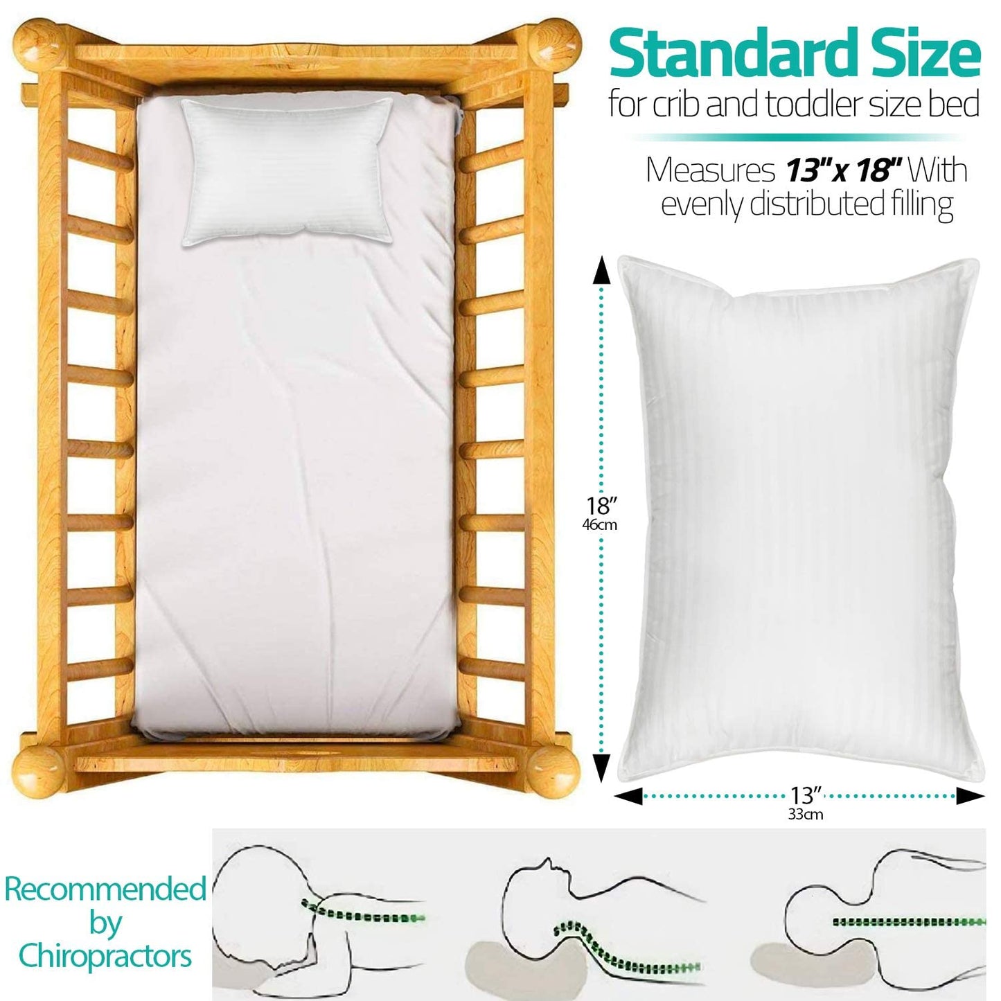 Kinder Fluff Toddler Pillow (2Pk) - The Only Pillow For Kid 300T Soft Cotton & Down Alternative, Hypoallergenic & Machine Washab
