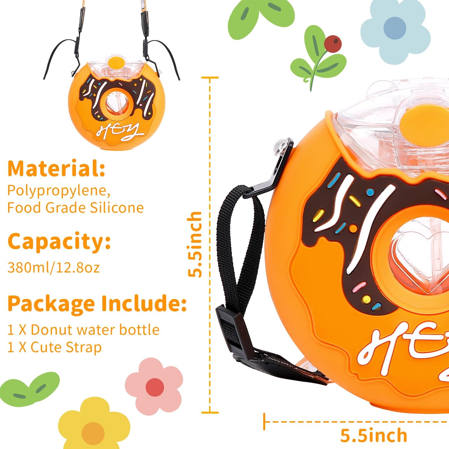 Pheenowl 13Oz Donut Water Bottle With Straw For Kids, Bpa Free & Leak Proof Sports Cup For Boys Toddler Drink Bottle With Should