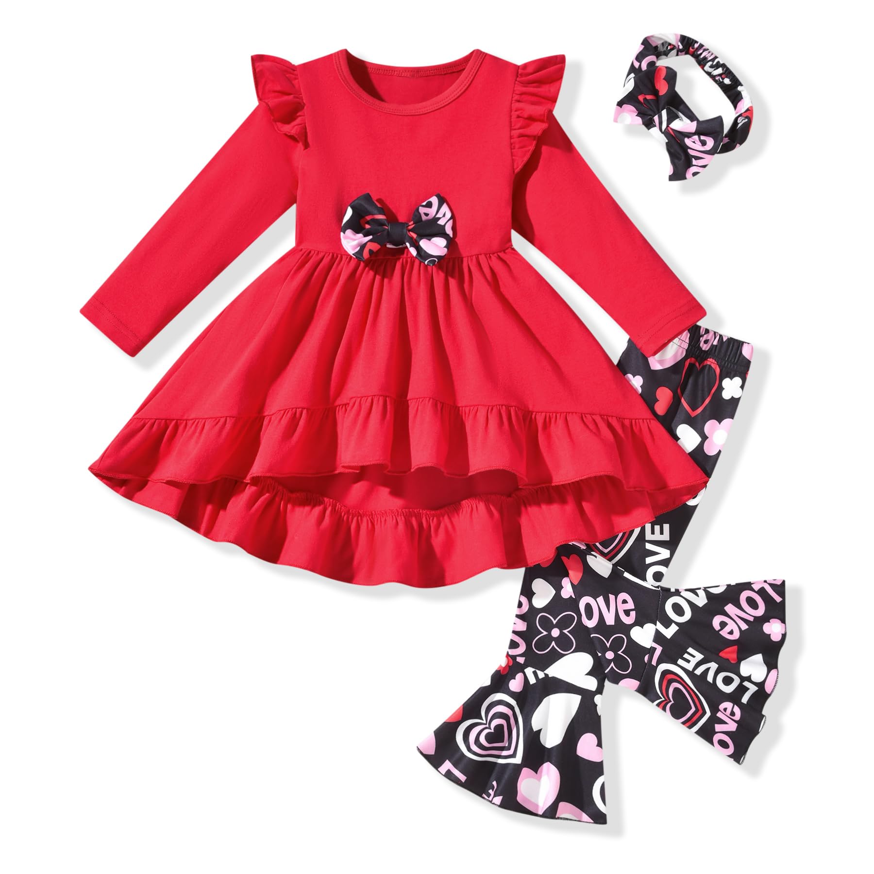Hintina 18 Month Infant Baby Girl Valentine'S Day Outfits Toddler Ruffle Long Sleeve Tunic Red Heart Bell Bottom Flared Pants Wi