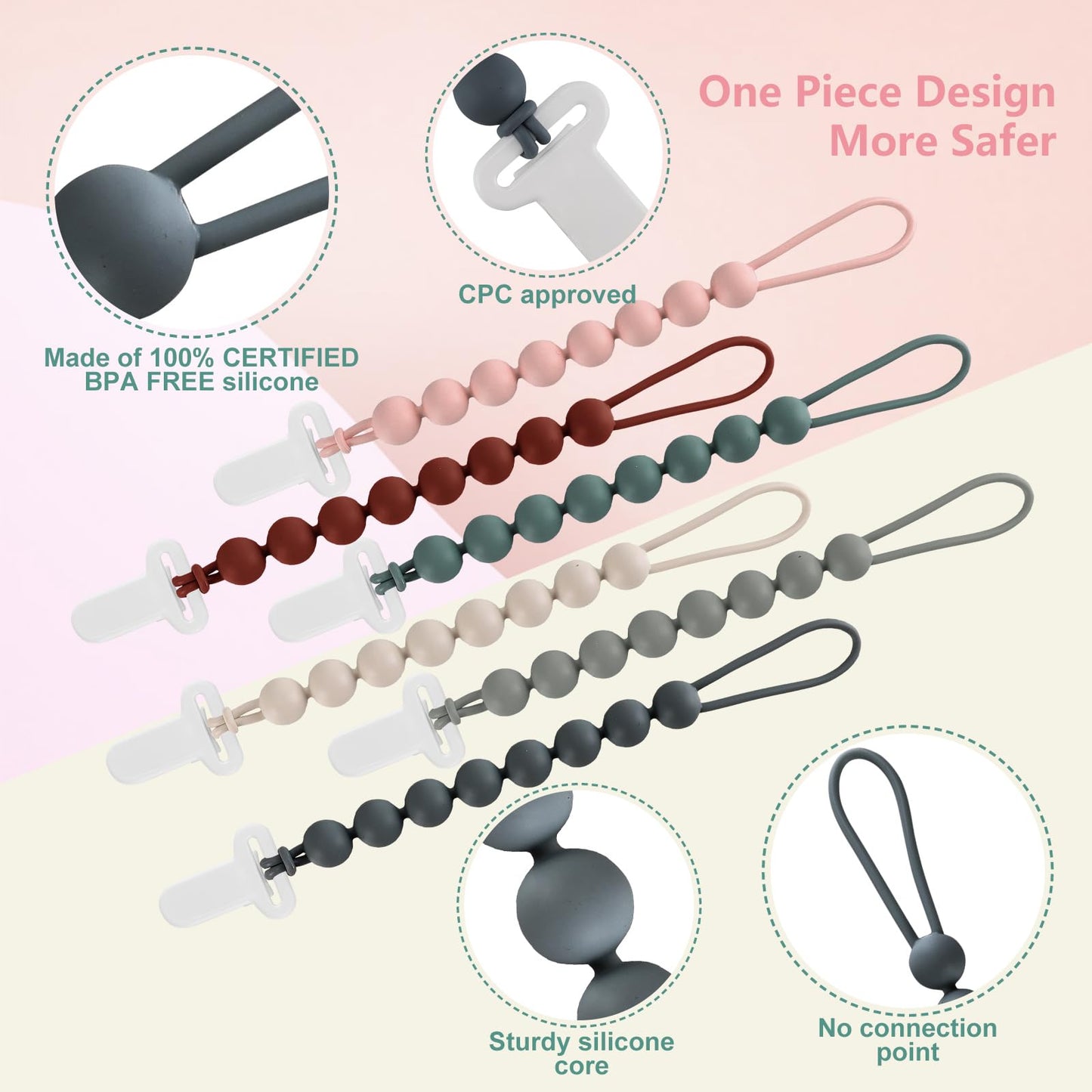 6-Pack Silicone Pacifier Clips For Babies, Safe Teething Beads, Rust-Free Holders, Baby Boy And Girl Essentials, Newborn Must-Ha