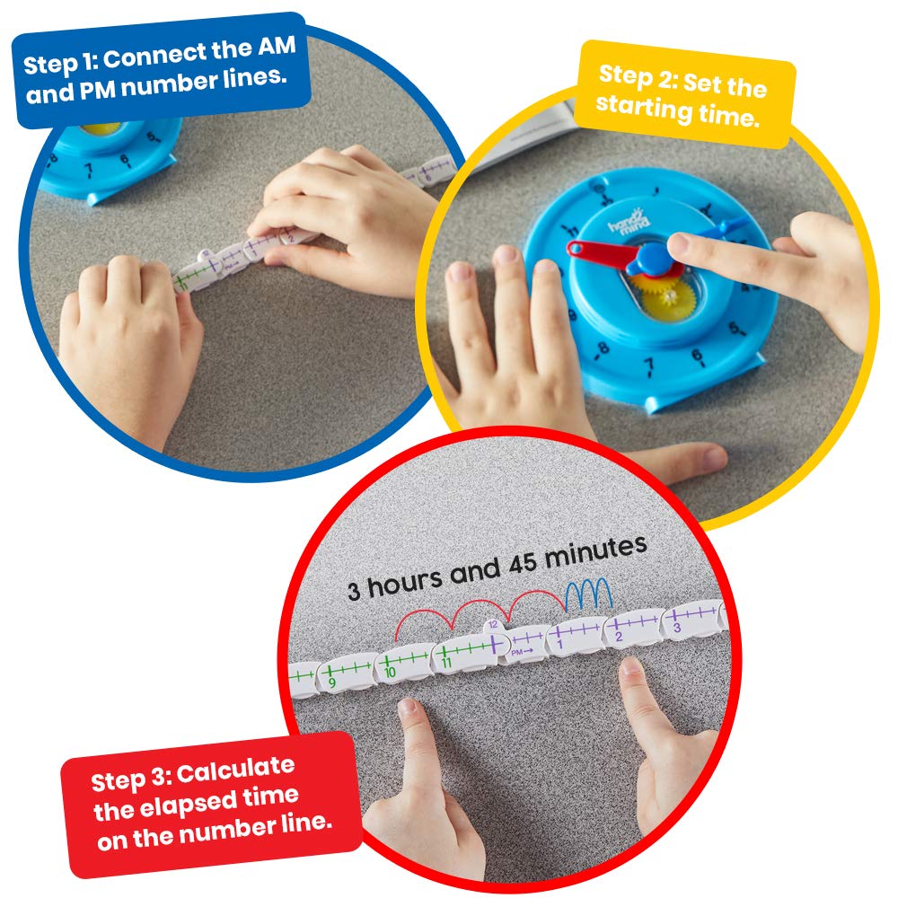 hand2mind Advanced NumberLine Clock, Telling Time Teaching Clock, Elapsed Time Clock, Analog Clock Learning for Kids, Middle Sch