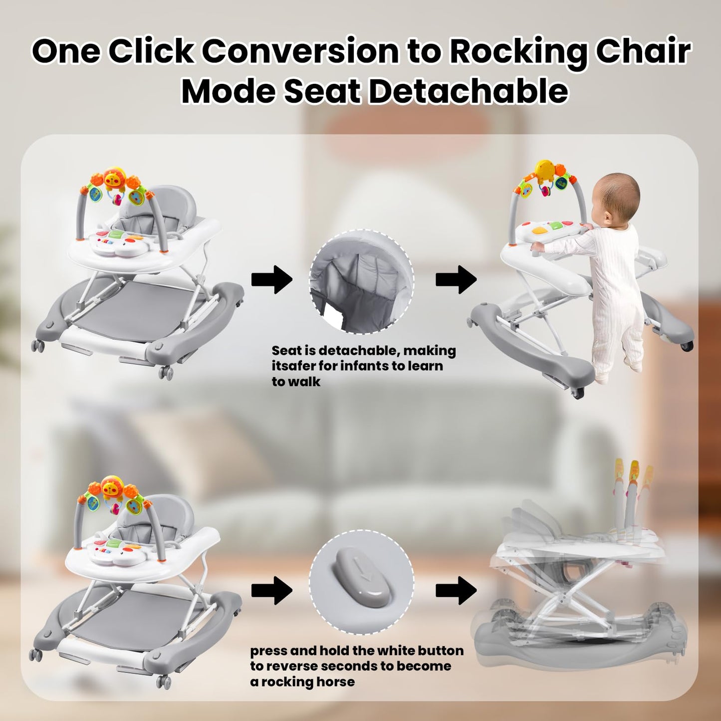 Boyro Baby Baby Walker, 5-In-1 Baby Walkers For Boys And Girls 6-12 Months With Bouncer, Removable Footrest, Feeding Tray & Musi