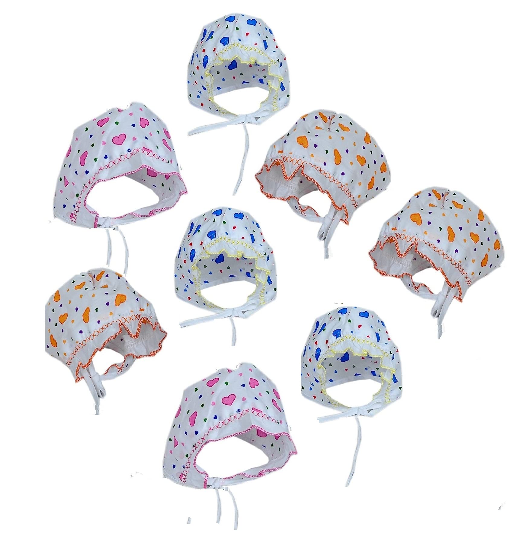 Beupeu Soft Pure Cotton Printed Cap/Hat/Topi With Tai Knot And Bonnet For Unisex Baby 03 Months(Pack Of 8) White
