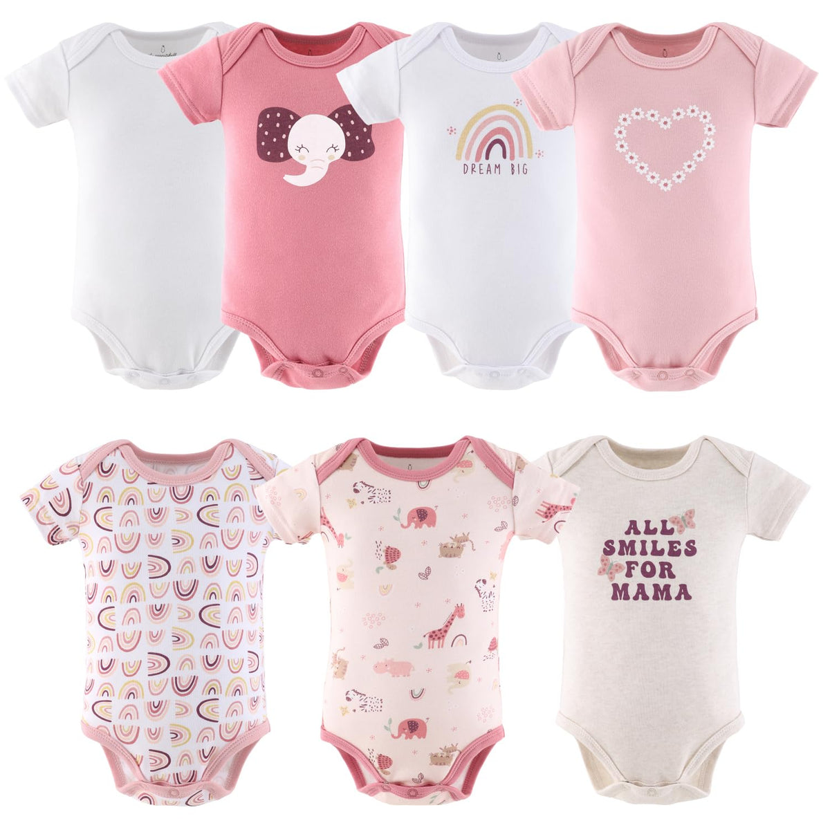The Peanutshell Baby Bodysuits For Girls, Short Sleeve 7 Pack, Newborn To 24 Months, Rainbow Safari, Pink, 1218 Months (18M)