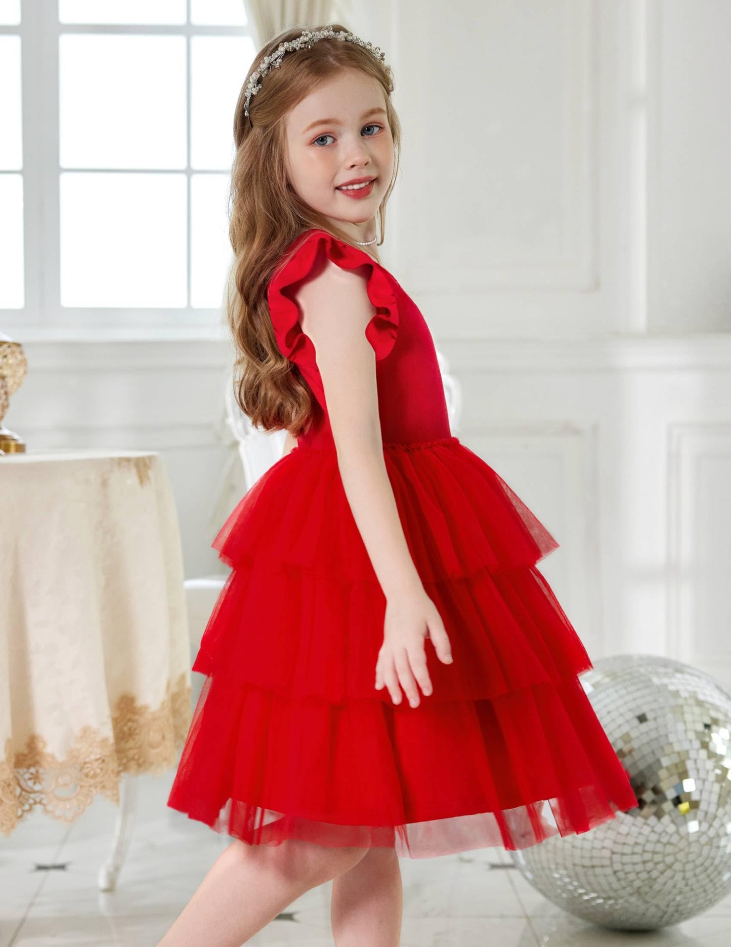 Arshiner Girl Dresses Toddler Flutter Tutu Dress Formal Red Valentine Christmas Birthday Party Sundress 7-8 Yeasr